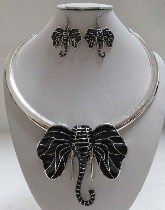 SILVER CHOKER NECKLACE SET ELEPHANT BLACK(YNE3852)BK