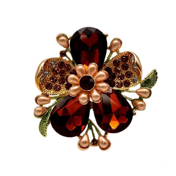 GOLD FLOWER RING BROWN STONES ( 11649 )