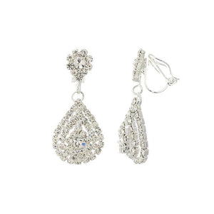 1.5" Inverted Silver Clear Teardrop Rhinestone CLIP ON Formal Wear Earrings ( 23953 ) - Ohmyjewelry.com