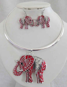 SILVER CHOKER NECKLACE SET ELEPHANT RED ( 3934 RD )
