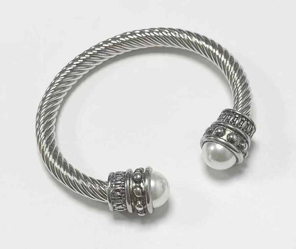 SILVER TWIST CABLE BANGLE WHITE PEARLS ( 739 SWT )