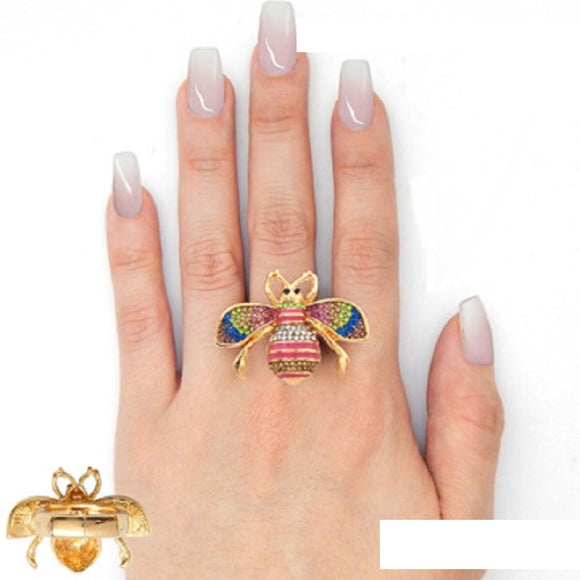 GOLD LIGHT MULTI COLOR STONES BEE STRETCH RING ( 2238 GDLMT )
