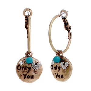 INSPIRATIONAL WORN GOLD SQUARE " ONLY YOU " HOOP DANGLE EARRINGS ( 24344 G )