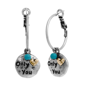 INSPIRATIONAL WORN SILVER SQUARE " ONLY YOU " HOOP DANGLE EARRINGS ( 24344 S )