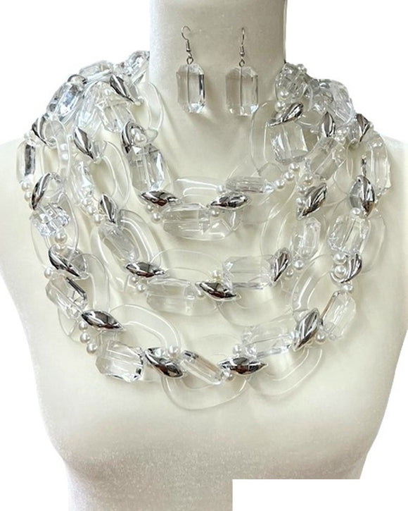 SILVER CLEAR CHUNKY NECKLACE SET ( 3478 RHCL )