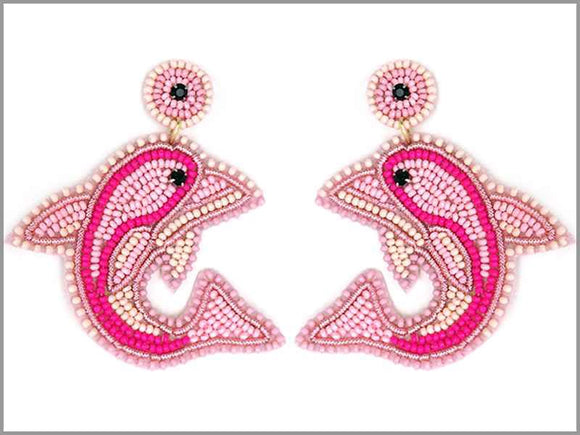 PINK WHITE BEAD DOLPHIN EARRINGS ( 3287 )
