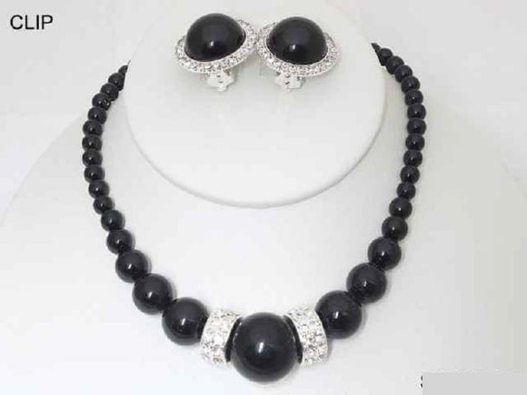 SILVER BLACK CLIP ON PEARL NECKLACE SET ( 19549 SBK )