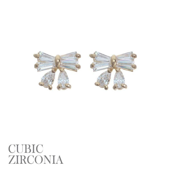 GOLD BOW STUD CLEAR CUBIC ZIRCONIA CZ STONES ( 25439 CRG ) - Ohmyjewelry.com