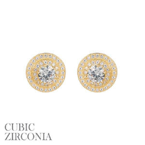 12mm Gold Clear CZ Cubic Zirconia Double Round Frame Stud Earrings ( 25541 G ) - Ohmyjewelry.com