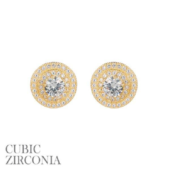 12mm Gold Clear CZ Cubic Zirconia Double Round Frame Stud Earrings ( 25541 G ) - Ohmyjewelry.com