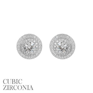 12mm Silver Clear CZ Cubic Zirconia Double Round Frame Stud Earrings ( 25541 S ) - Ohmyjewelry.com