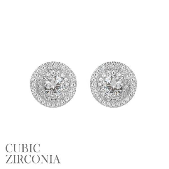 12mm Silver Clear CZ Cubic Zirconia Double Round Frame Stud Earrings ( 25541 S ) - Ohmyjewelry.com