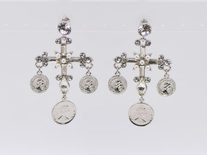 SILVER CROSS EARRINGS COIN CHARMS CLEAR STONES ( 1242 RHCRY )