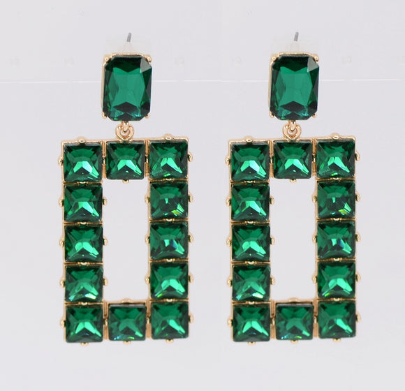 GOLD RECTANGLE EARRINGS GREEN STONES ( 2199 GLEMD )