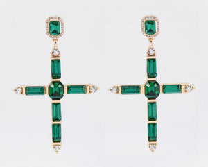 GOLD CROSS EARRINGS GREEN STONES ( 3048 GLEMD )