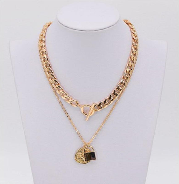 2 LAYER GOLD NECKLACE HEART WITH LOCK PENDANT ( 1061 ) - Ohmyjewelry.com