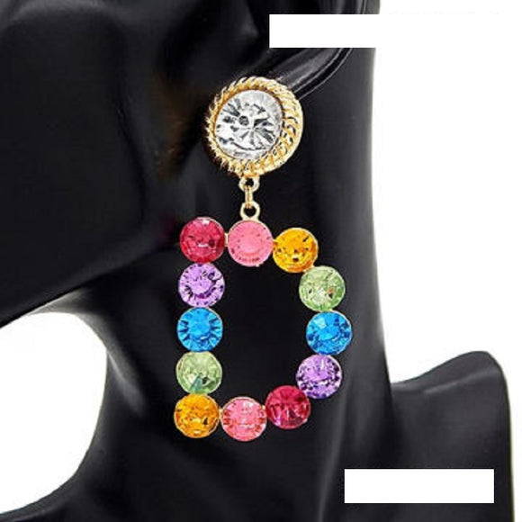 GOLD DANGLING D EARRINGS MULTI COLOR STONES ( 3225 GDLMT )