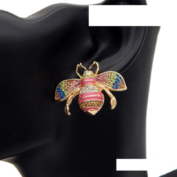 GOLD LIGHT MULTI COLOR RHINESTONE BEE EARRINGS ( 2855 GDLMT )