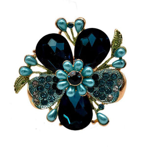 GOLD FLOWER RING TEAL BLUE STONES ( 11649 )