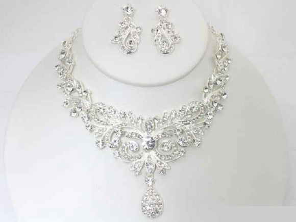 SILVER NECKLACE SET CLEAR STONES ( 19457 SCRY )