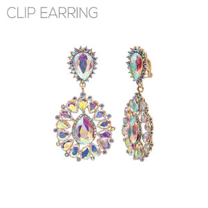 3" Gold AB Rhinestone Teardrop Shape CLIP ON Chandelier Earrings ( 26190 )