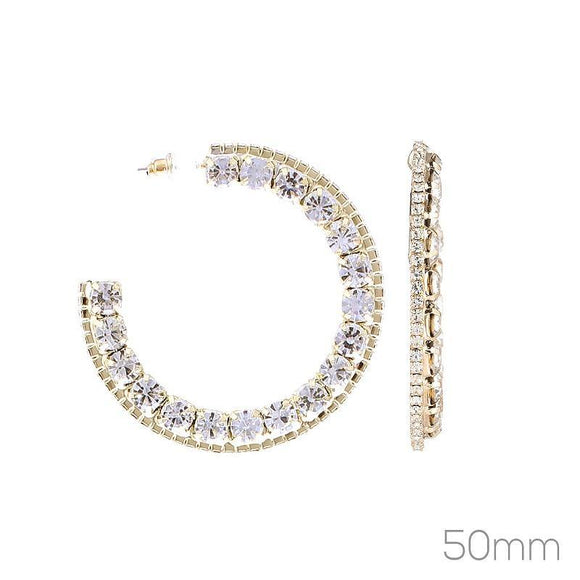 50mm GOLD C HOOP EARRINGS CLEAR STONES ( 26278 50CR G ) - Ohmyjewelry.com