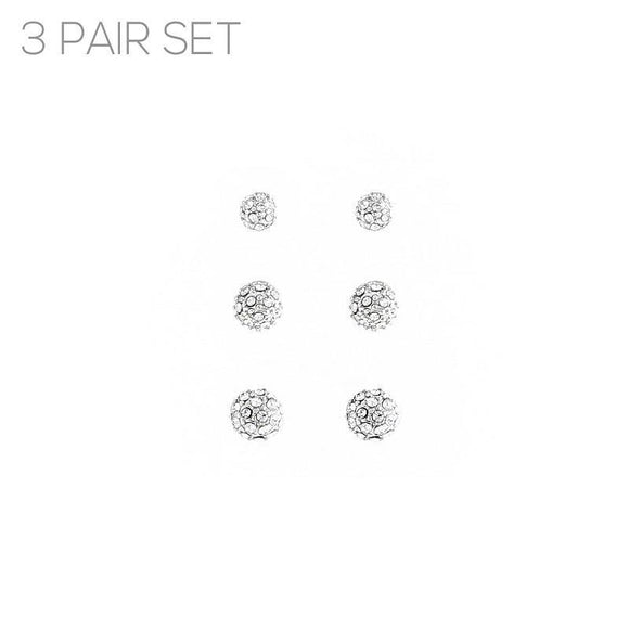 SILVER 3 CLEAR STONE PIECE BALL STUD EARRINGS ( 26293 CR R ) - Ohmyjewelry.com