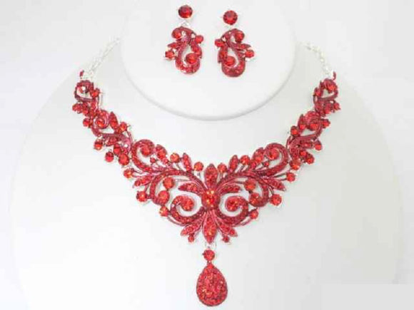 SILVER NECKLACE SET RED STONES ( 19457 SRD )
