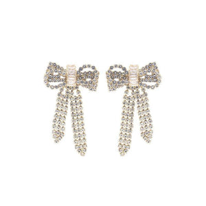 GOLD BOW EARRINGS CLEAR STONES ( 27195 CRG ) - Ohmyjewelry.com