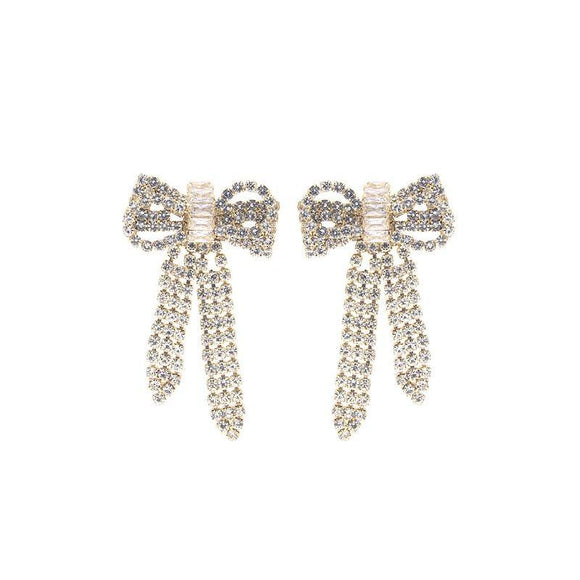 GOLD BOW EARRINGS CLEAR STONES ( 27195 CRG ) - Ohmyjewelry.com