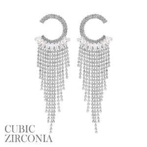 SILVER DANGLING C EARRINGS CLEAR CZ CUBIC ZIRCONIA STONES