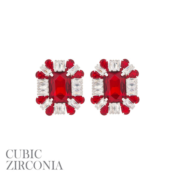 SILVER EARRINGS RED CLEAR CZ CUBIC ZIRCONIA STONES ( 27897 SIS )