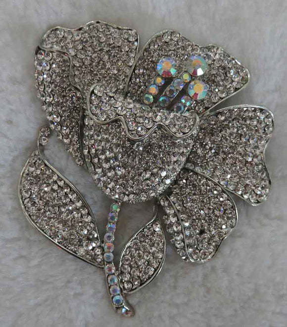 SILVER FLOWER BROOCH CLEAR AB STONES ( 2970 SCL )