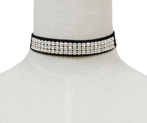 BLACK CHOKER NECKLACE SET CLEAR STONES ( 10556 RCRY )