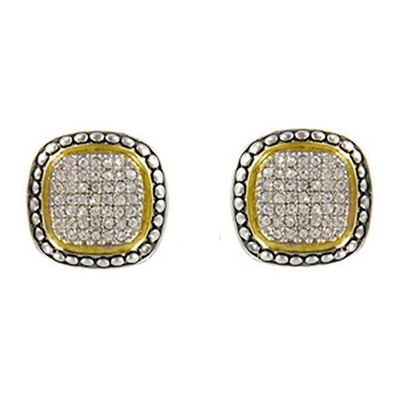 Two Tone Square Pave Textured CLIP ON Earrings ( 00409 CE ) - Ohmyjewelry.com