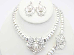 SILVER NECKLACE SET CLEAR STONES MATCHING BRACELET ( 19072 ) - Ohmyjewelry.com