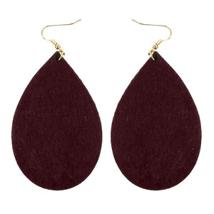 3.5" Burgundy Red Fur Teardrop Leather Dangle Earrings ( 29066 )