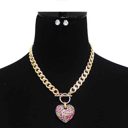 Large Gold MULTI COLOR Rhinestone Puffy Heart Charm Toggle Necklace ( 7075 GDMLT ) - Ohmyjewelry.com