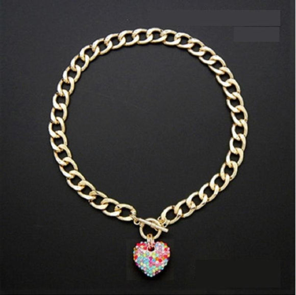 Gold MULTI COLOR Rhinestone Heart Charm Toggle Necklace ( 1442 GDMLT ) - Ohmyjewelry.com