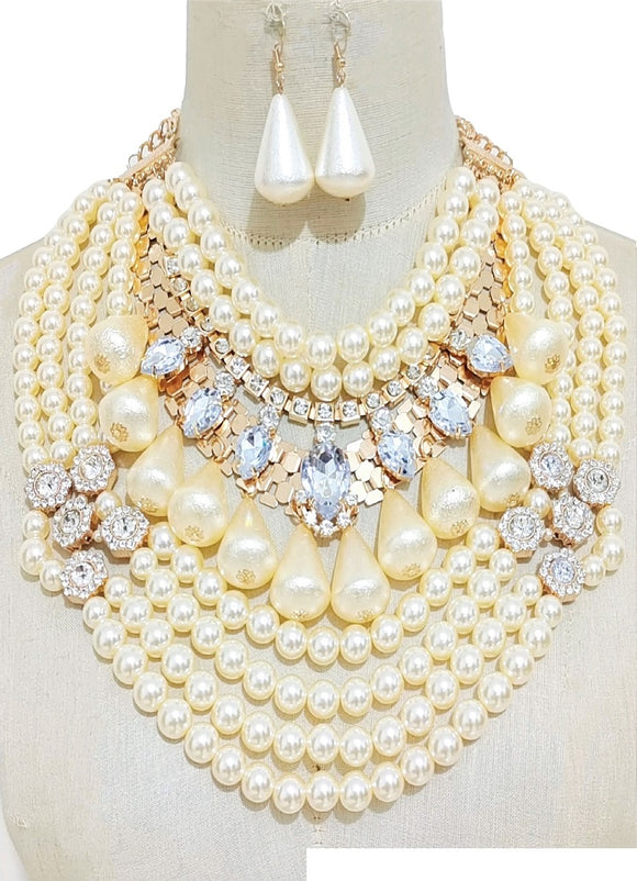 GOLD NECKLACE SET CREAM PEARLS CLEAR STONES ( 3527 GPCRMCL )