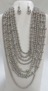 SILVER BALL MULTI LAYERED NECKLACE WITH EARRINGS ( 556 S ) - Ohmyjewelry.com