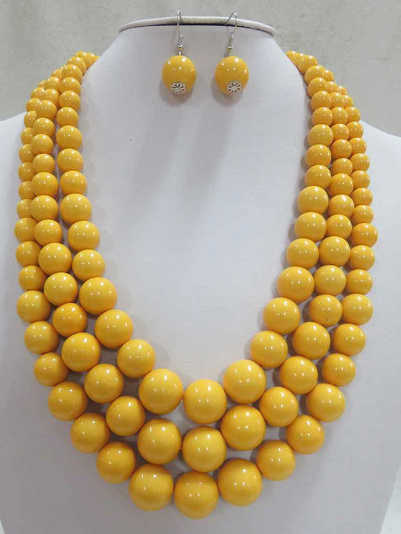 3 STRAND YELLOW BALL NECKLACE SET ( 593 YLX )