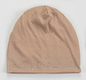 LIGHT BROWN STRETCH BEANIE WITH CLEAR RHINESTONES ( 1002 )