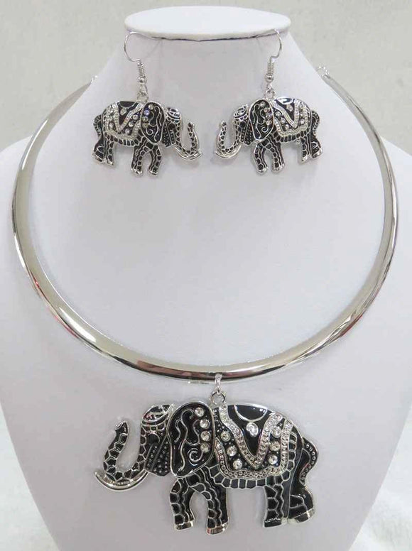 SILVER BLACK CHOKER NECKLACE SET ELEPHANT CLEAR STONES ( 3931 SBK ) - Ohmyjewelry.com