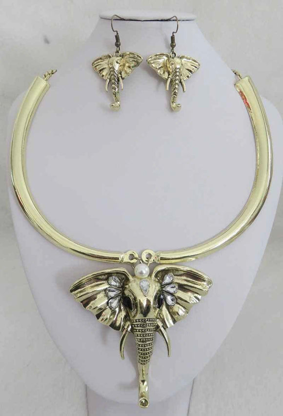 GOLD CHOKER ELEPHANT NECKLACE SET ( 3935 AG ) - Ohmyjewelry.com