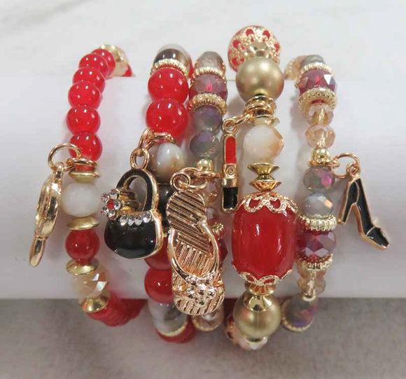 GOLD RED STRETCH BRACELETS BEAUTY CHARMS ( 5902 GRD )