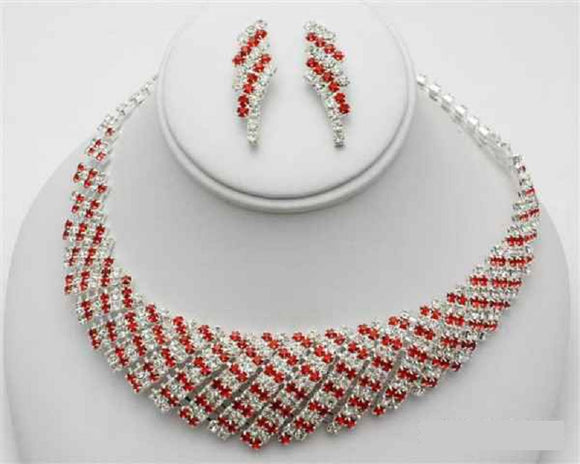 Silver CLEAR RED Crystal U Dip Necklace Set ( 11211 SRD )