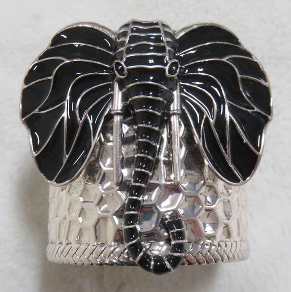Burnish Silver BLACK Elephant Hammered Cuff Bracelet ( 3852 BK )