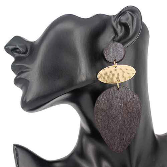 DANGLING GOLD BLACK WOOD METAL EARRINGS ( 3223 )