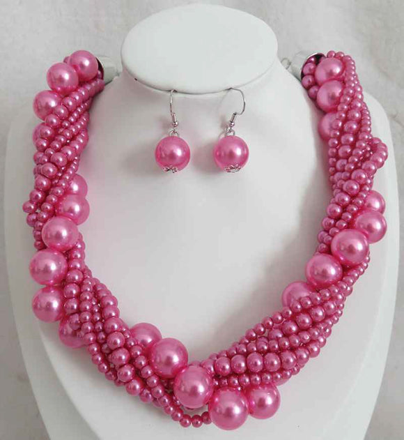 SILVER PINK PEARL NECKLACE SET ( 603 PK )